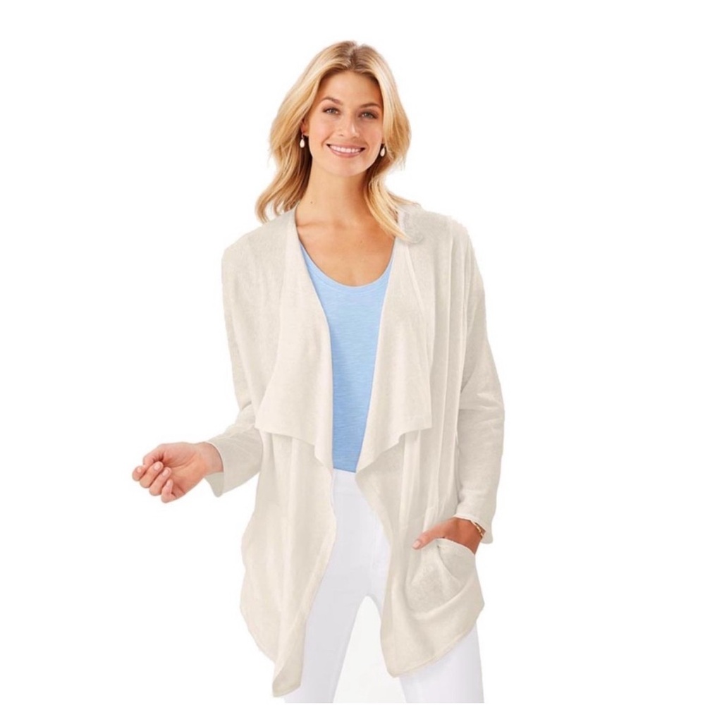 Tommy Bahama Women’s Cardigan S P Paloma 100% Linen Draped Open Front Beige